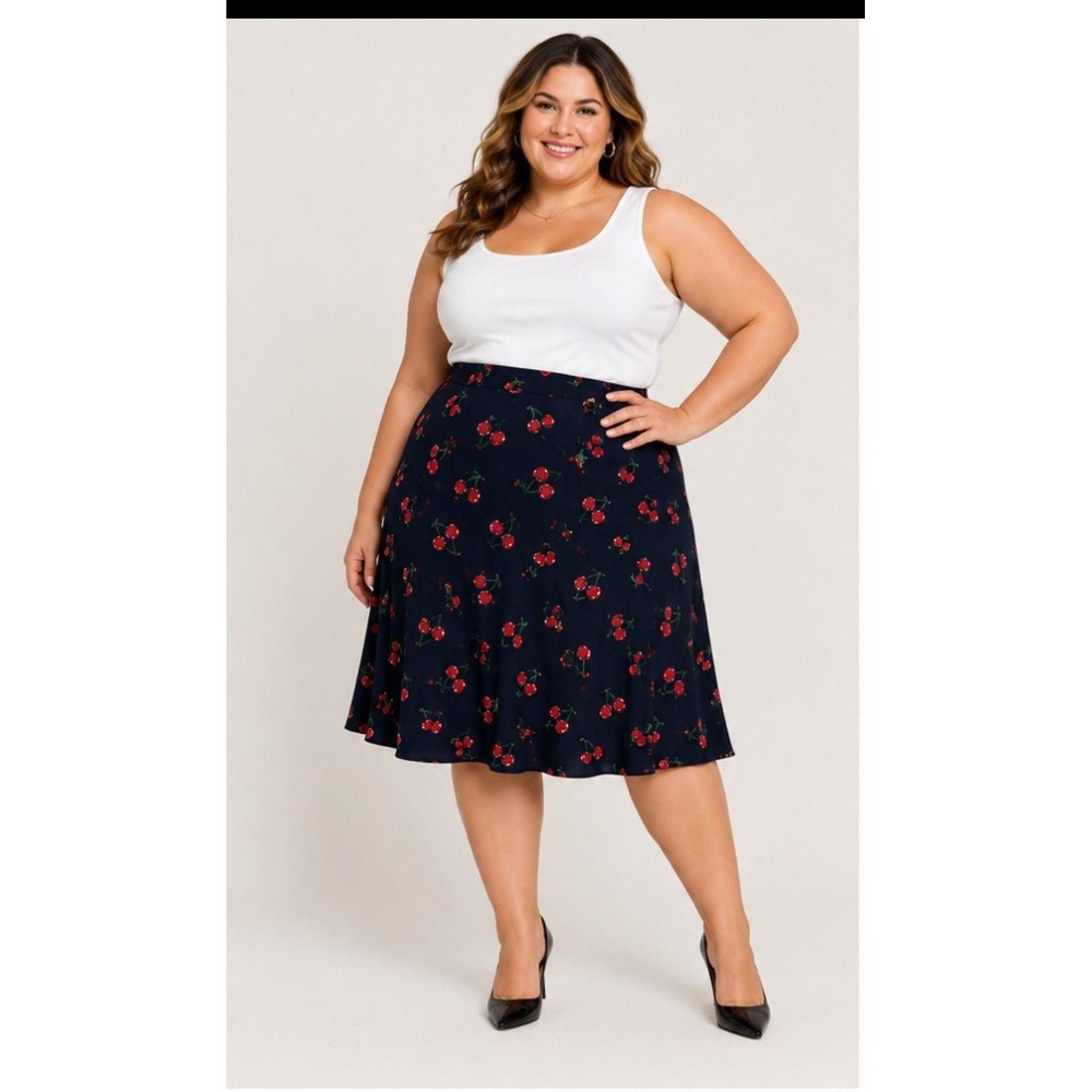 Talbots Size 18W Cherry Print Knee Length A-Line Skirt Feminine Retro Flowy